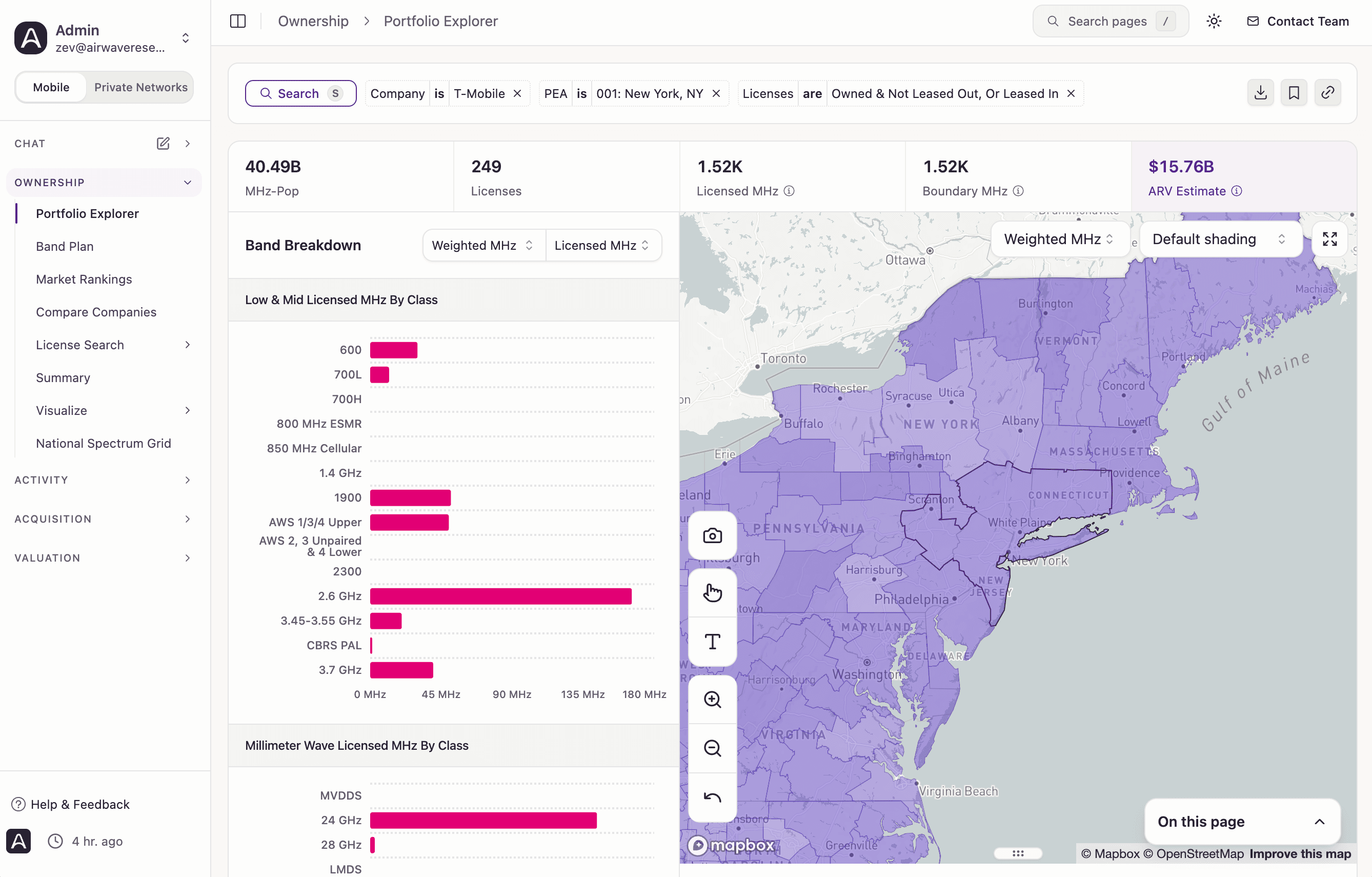 Airwave Portfolio Explorer showing T-Mobile spectrum holdings, band breakdowns, and a coverage map